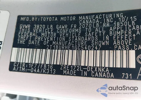 2016 Toyota Corolla Le из США, поврежденный, VIN 2T1BURHE1GC540247